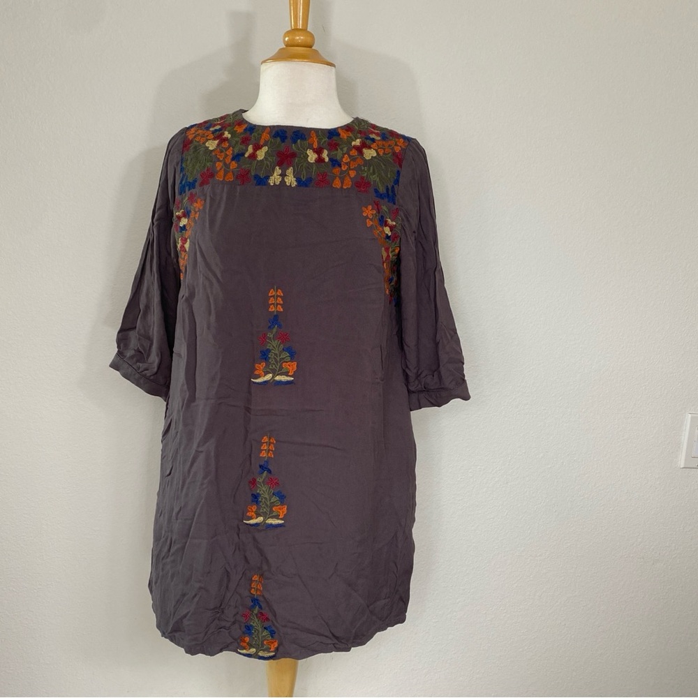 Orange Creek Women's Taupe Floral Embroidered 3/4 Sleeve Tunic Size Small Boho